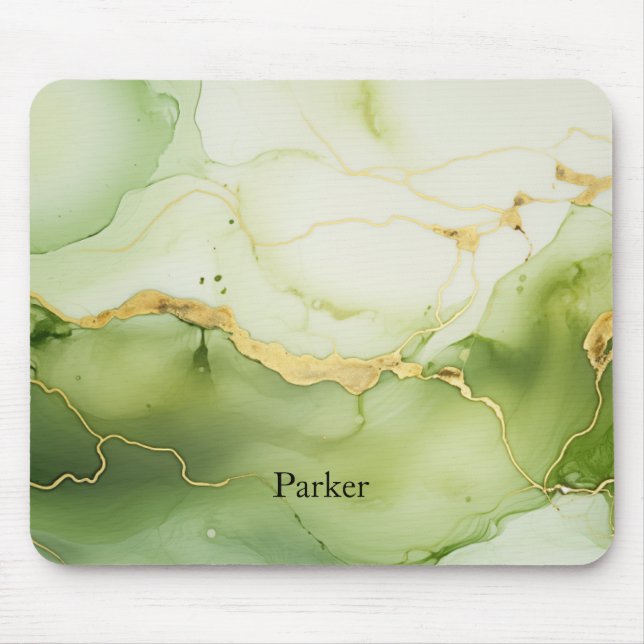 Modern Sage Green and Gold Personalized Monogram Mouse Pad (Front)