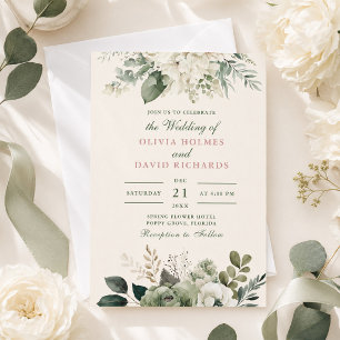 Modern Sage Green and Ivory Flowers Wedding Invitation