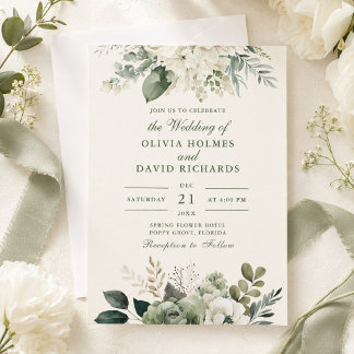 Modern Sage Green and Ivory Flowers Wedding Invitation