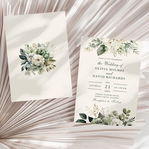 Modern Sage Green and Ivory Flowers Wedding Invitation
