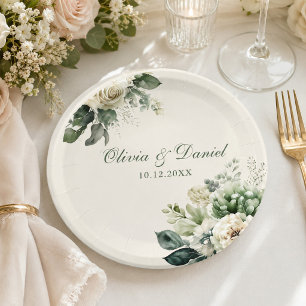 Modern Sage Green and Ivory Flowers Wedding Paper Plates