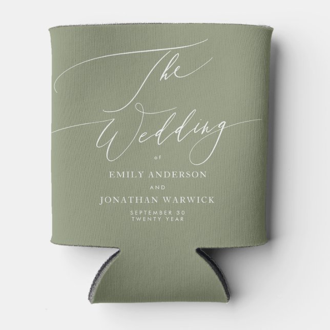 Modern Sage Green and White Simple Wedding Can Cooler (Front)