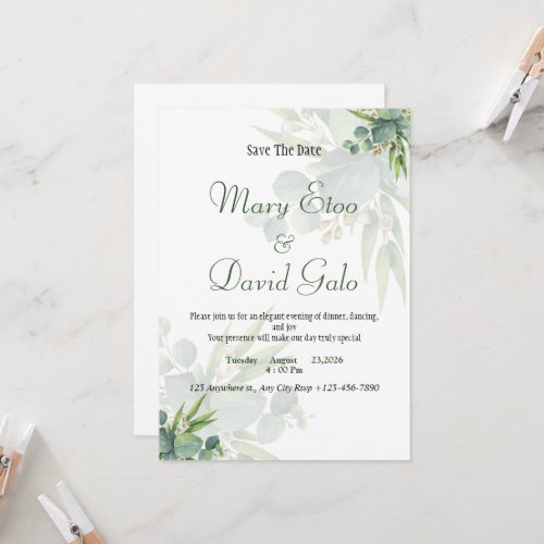 Modern sage green and white simple wedding invitation