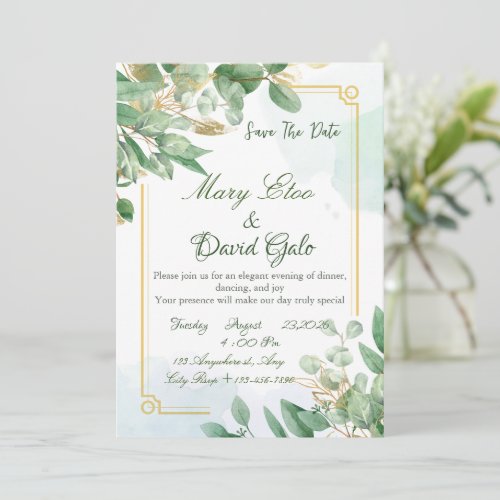 Modern sage green and white simple wedding  invitation