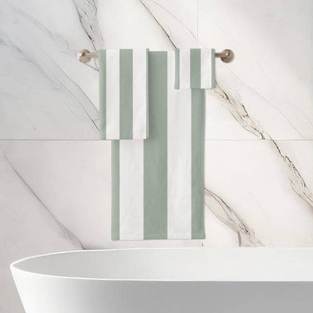 Modern Sage Green and White Stripes Minimalist Bath Towel Set (Creator Uploaded)