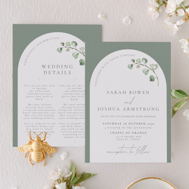 Modern Sage Green Arch Botanical Details Wedding Invitation (Creator Uploaded)