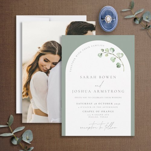Modern Sage Green Arch Botanical Photo Wedding Inv Invitation