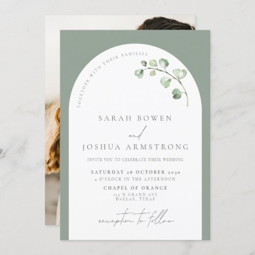Modern Sage Green Arch Botanical Photo Wedding Invitation