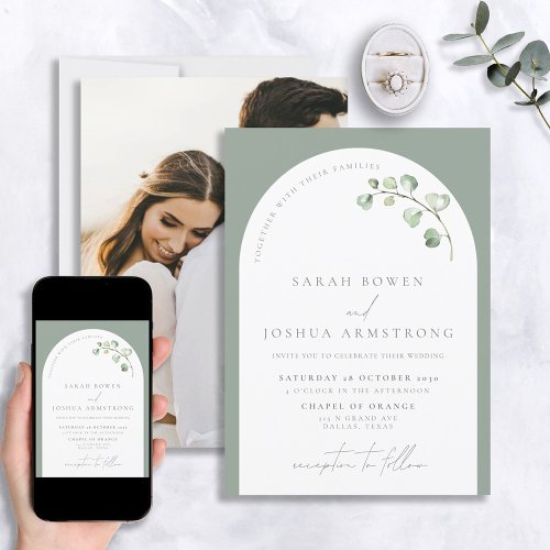 Modern Sage Green Arch Botanical Photo Wedding Invitation