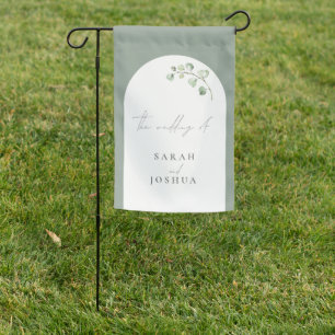 Modern Sage Green Arch Botanical Script Wedding Garden Flag