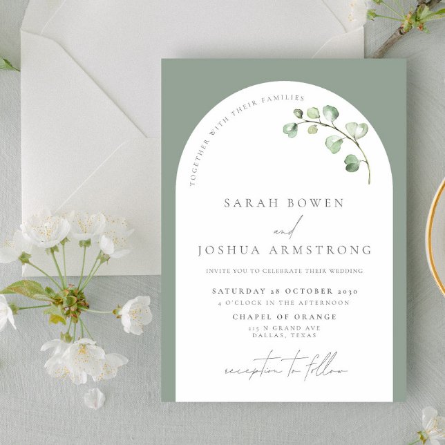 Modern Sage Green Arch Botanical Script Wedding In Invitation (Creator Uploaded)