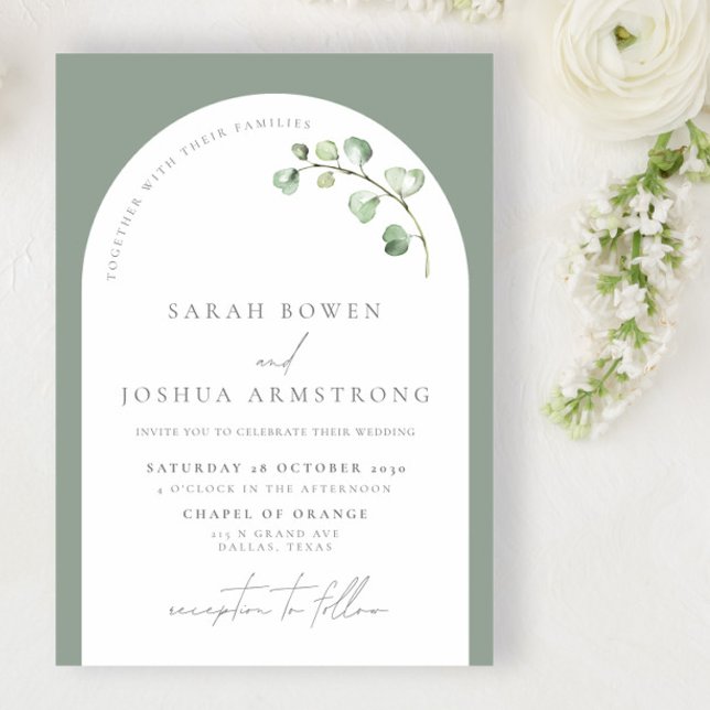 Modern Sage Green Arch Botanical Script Wedding Invitation (Creator Uploaded)