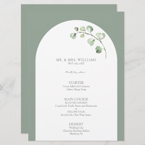 Modern Sage Green Arch Botanical Script Wedding Menu