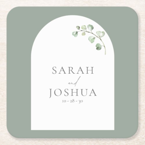 Modern Sage Green Arch Botanical Script Wedding Square Paper Coaster