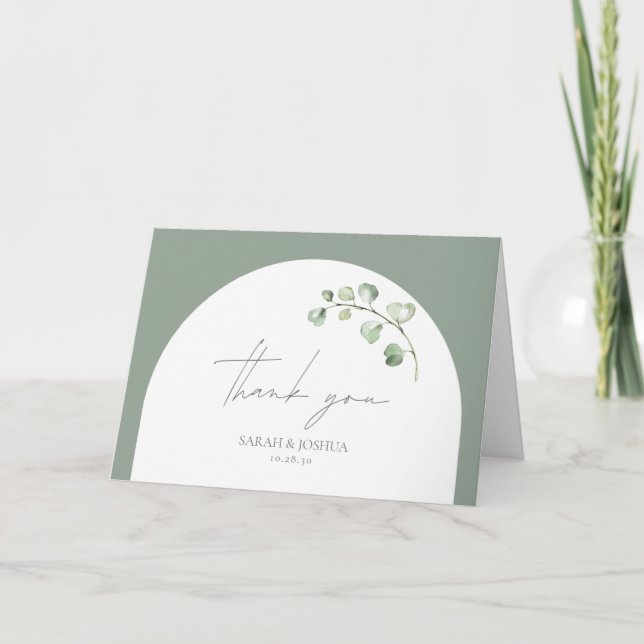 Modern Sage Green Arch Botanical Wedding Thank You Card (Front)