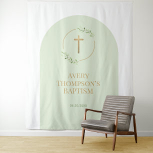 Modern Sage Green Arch Cross Baptism Backdrop