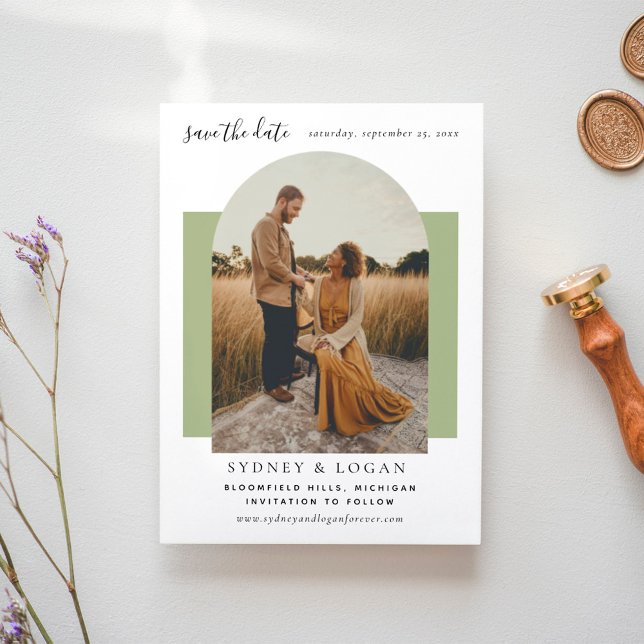 Modern Sage Green Arch Photo Frame Wedding Save The Date (Creator Uploaded)