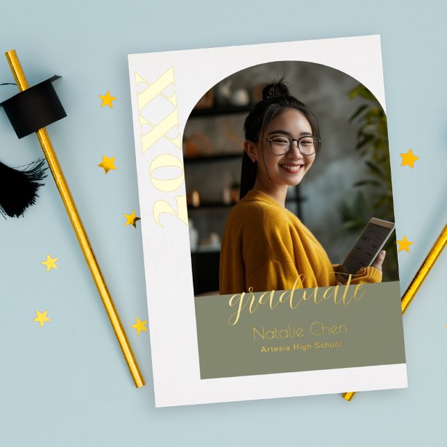 Modern Sage Green Arch Photo Graduation Party Foil Invitation (Creator Uploaded)