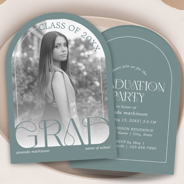 Modern Sage Green Arch Photo Graduation Party Invitation (Creator Uploaded)