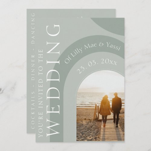 Modern Sage Green Arch Photo Wedding Invitation