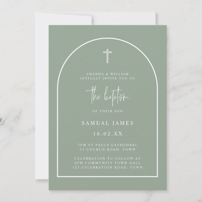 Modern Sage Green Arch Script Minimalist Baptism Invitation (Front)