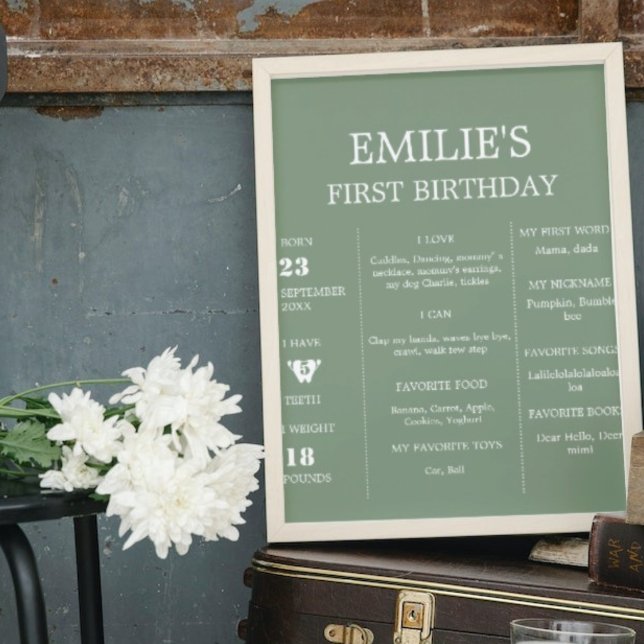 Modern Sage Green Baby 1st Birthday Milestone Sign (Creator Uploaded)