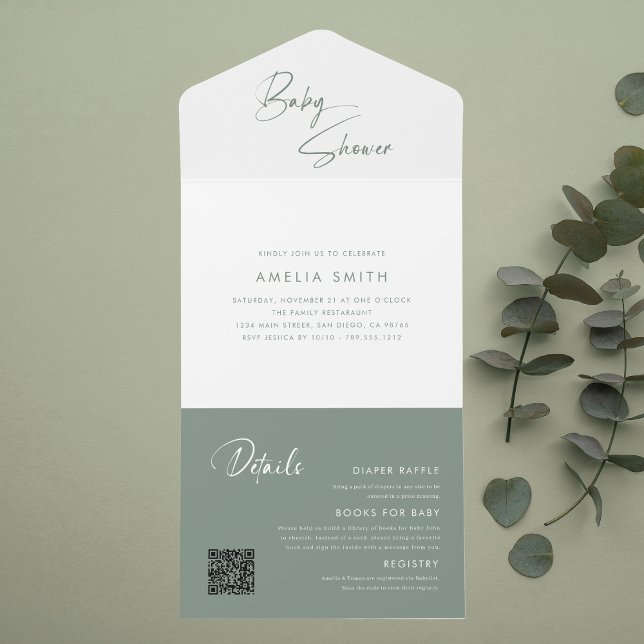 Modern Sage Green Baby Shower All-in-One Invitatio All In One Invitation (Creator Uploaded)