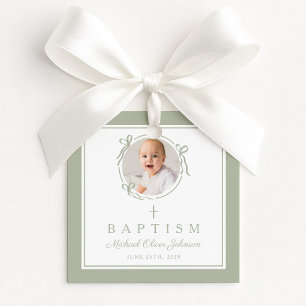Modern Sage Green Baptism Photo Favor Tags