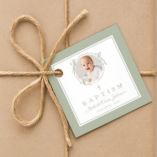 Modern Sage Green Baptism Photo Favor Tags