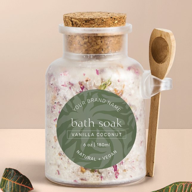 Modern Sage Green Body & Bath Product Waterproof Labels (Elegant round waterproof product stickers with sage green background or edit to any color you like)
