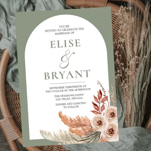 Modern Sage Green Boh Arch Floral Wedding Invitation