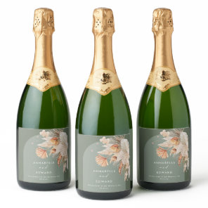 Modern Sage Green Bohemian Pampas Grass Botanical Sparkling Wine Label