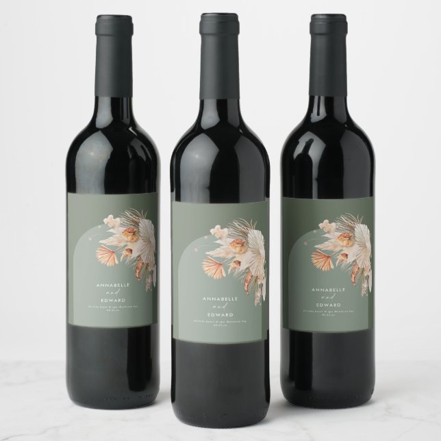 Modern Sage Green Bohemian Pampas Grass Botanical  Wine Label (Bottles)