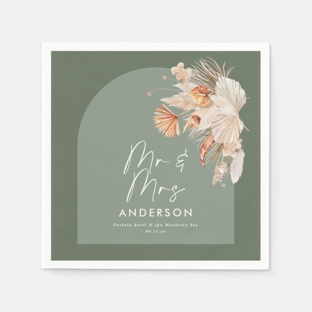 modern sage green bohemian pampas grass Mr & Mrs Napkins (Front)