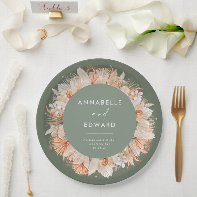 modern sage green bohemian pampas grass Mr & Mrs  Paper Plates (Wedding)