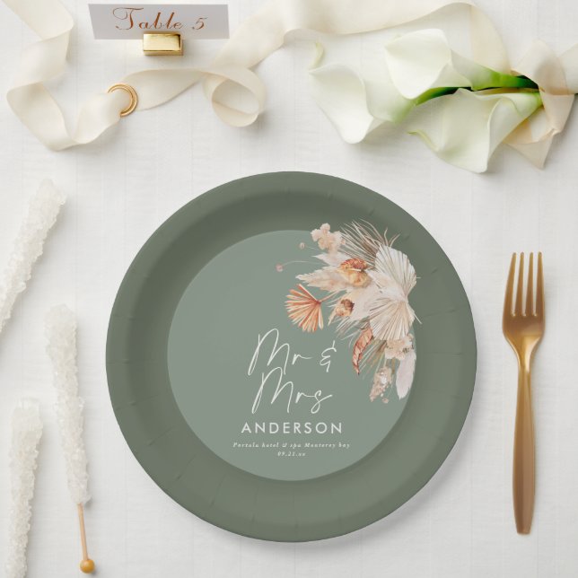 modern sage green bohemian pampas grass Mr & Mrs  Paper Plates (Wedding)