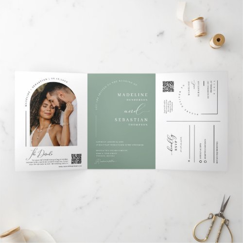 Modern Sage Green Boho Arch Photo QR Code Wedding Tri_Fold Invitation