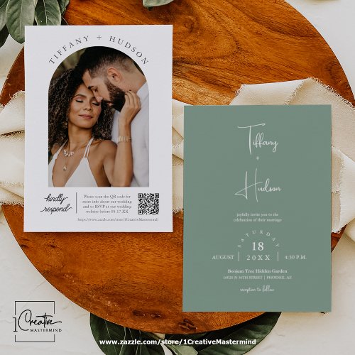 Modern Sage Green Boho Wedding Arch Photo QR Code  Invitation