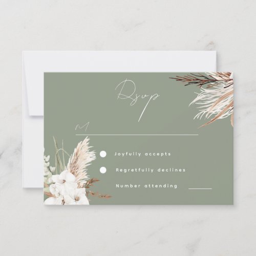 Modern Sage Green Boho White Floral Wedding RSVP Card