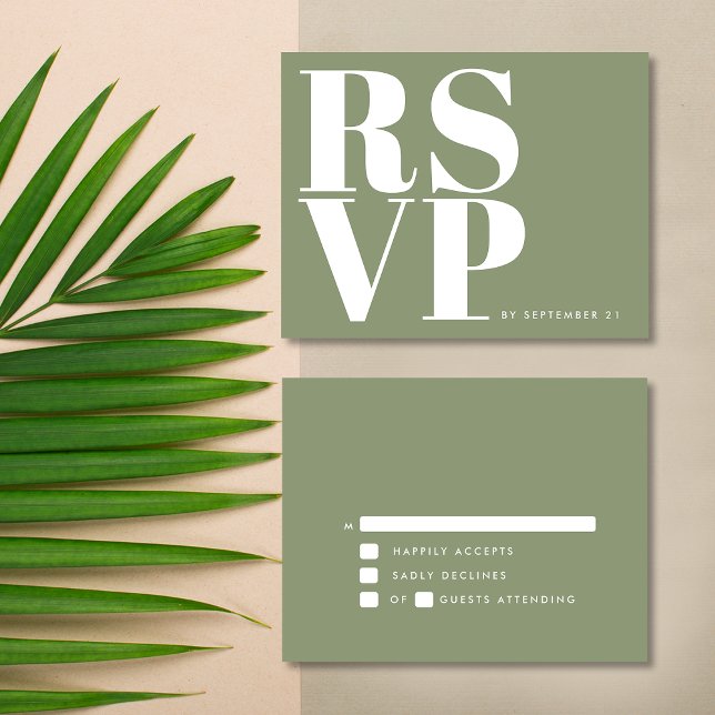 Modern Sage Green Bold Minimalist Simple Wedding RSVP Card (Front / Back)
