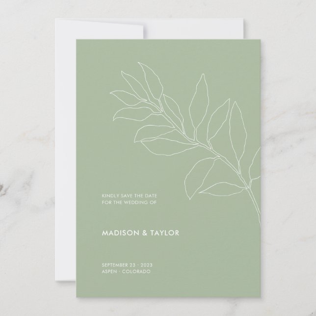 Modern Sage Green Botanical Floral Illustration Save The Date (Front)