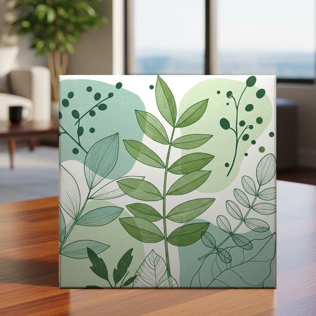 Modern Sage Green Botanical Leaf Pattern Ceramic Tile (Creator Uploaded)