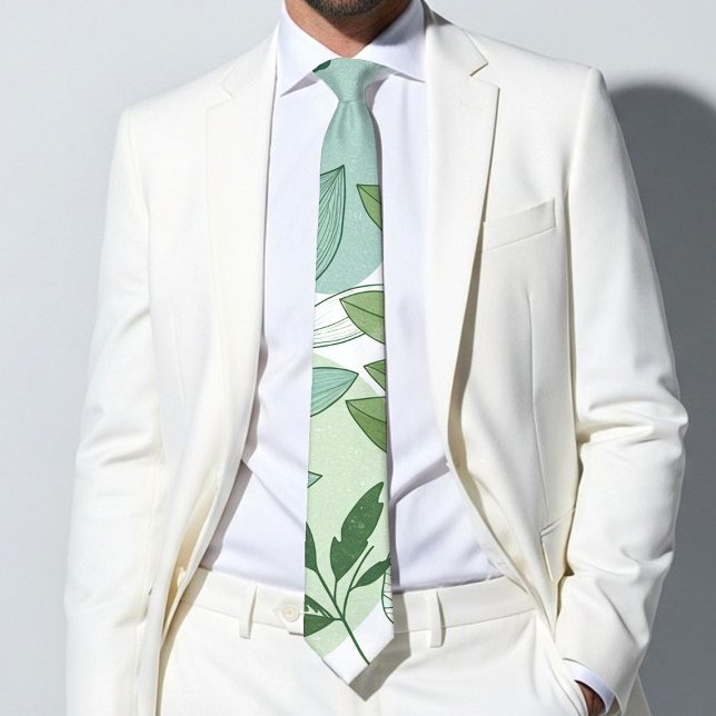 Modern Sage Green Botanical Leaf Pattern Neck Tie (Creator Uploaded)