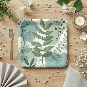 Modern Sage Green Botanical Leaf Pattern Paper Plates
