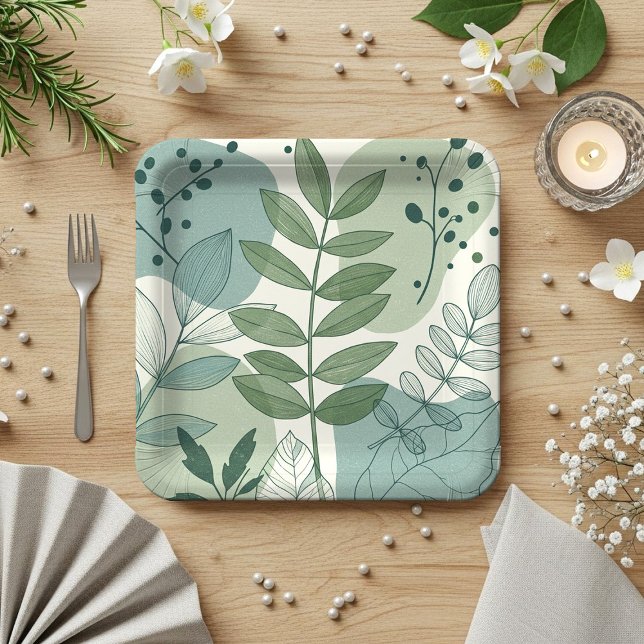 Modern Sage Green Botanical Leaf Pattern Paper Plates (Creator Uploaded)