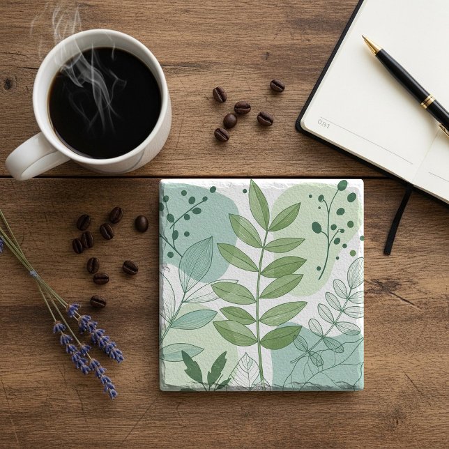 Modern Sage Green Botanical Leaf Pattern Stone Coaster (Creator Uploaded)