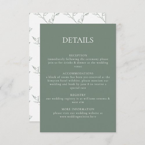 Modern Sage Green Botanical Leaves Wedding Details Enclosure Card
