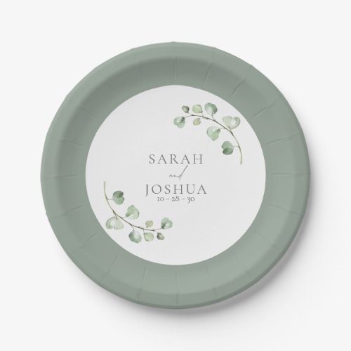 Modern Sage Green Botanical Script Wedding Paper Plates