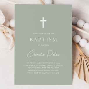 Modern Sage Green Boys Cross Christening Baptism   Invitation