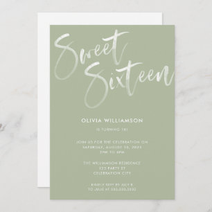 Modern Sage Green Brush Script Sweet 16 Birthday Invitation